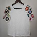 Emery Rose Top Blouse White Crochet Short Sleeves Colorful Cute Neutral Size M Photo 0