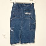 Obey  Juniper Embroidered Denim Midi Skirt Back Slit Embroidered Size 26 Photo 4