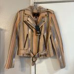 Frye  Carly Stripe Print Burlap Ikat Jacket Moto Boho Brass Ring Edgy Cool Biker Photo 1