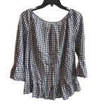 Velvet by Graham Spencer Navy White Gingham Off Shoulder Bell Sleeve Ruffle Top Blue Photo 3