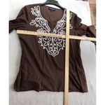 Jones New York New York Jones Top Womens Sz Large L Brown Embroidery Tie Neck Long Sleeve EUC Photo 7