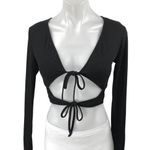 Princess Polly  Black Ribbed Knit Long Sleeve Tie Front Cut Out Crop Top Size 6 Photo 0