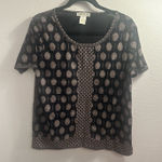 Orvis  Knit Blouse size Medium  Stretch SILKY Short Sleeve‎ Black Beige Geo Print Photo 0