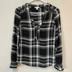 Candie's Candie’s Women’s Army Green Plaid Half Zip Sheer Long Sleeve V Neck Blouse XS Photo 0