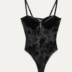 ZARA NWT Bodysuit Lace Mesh Velvet Detail Festive Days Collection Black Medium Photo 2
