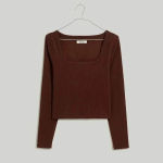 Madewell Square Neck Long Sleeve Crop Tee in Sleekhold Dark Coffee XS NWT Photo 1