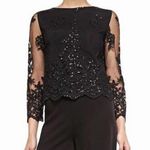 Alice + Olivia Ava sheer lace sleeve embroidered sequined top Photo 0