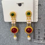 Indian Style Gold Drop Earrings with Red Gem & Pearl Beads – Festive Ethnic new Photo 1