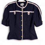 Leslie Fay  size 12 navy blue and white 80s vintage mod blouse with gold buttons Photo 0