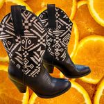 Western Aztec Cowboy‎ Ankle Boots Black White Heeled US Size 6 Booties Photo 1