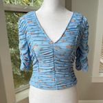 ZARA Baby Blue Pink Floral Mesh Rusched V Neck Elbow Sleeve Top Size Small Photo 9