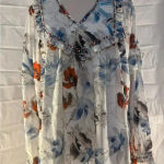 Moda Luxe  Blue and White Floral V-Neck Bishop Sleeve Blouse Photo 2