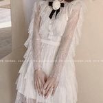 White Lace Layered Tiered Black Ribbon Bow Balletcore Babydoll Mini Dress Size XS Photo 4
