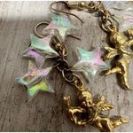 Vintage Iridescent Star Dangle Earrings with Gold Cherub Angel Charms 3 Inch Photo 5