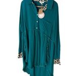 Umgee NWT  Teal Linen Blend Animal Print Long Sleeve ‎ High Low Dress  MEDIUM Photo 1