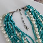 Statement Turquoise Seed Bead and Faux Pearl Necklace Cross Pendant Set Blue Photo 12