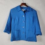 JM Collection Womens Linen Jacket 4 Petite Blue Button Front Pockets 3/4 Sleeve Photo 3