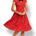 Modcloth Red Cat Animal Print Fit & Flare Dress Black Bow Detail Size Small Photo 0