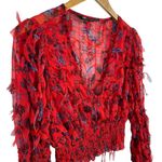 ZARA Red Floral Smocked Sheer Blouse Fringing Cropped Top Long Sleeve Size XS Photo 5