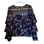 White House | Black Market Shirt Womens Medium Floral Tiered Sleeve Mesh Neck Top Photo 4