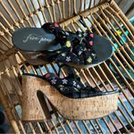 Free People  Lisbon Chunky Platform Heels Black Suede Flower‎ Embroidery Size 39 Photo 2