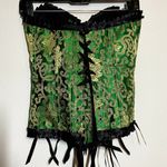 VTG Corset Top 80s Floral Embroidered Lace Up Back Frill Trim Overbust Green S Photo 3