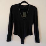 NBD NWT  Black Beaded V-neck Bodysuit Long Sleeve Stretchy Glam Women size Medium Photo 1