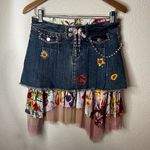 Alberto Makali 4 Blue Denim Mini Skirt Embellished Floral Ruffle layered Y2K NEW Photo 0