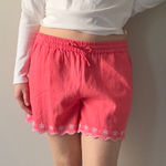 J.Crew  Pink White Floral Embroidered Shorts Scalloped Hem Pull On Drawstring S Photo 0
