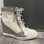 Saks 5th Avenue Gray for Saks Fifth Avenue Suede Leather Metallic Lace Up Wedge Booties sz 6.5 Photo 0