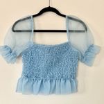 STAUD Cannon Top French Blue Crinkle Organza Puff Sleeve Cropped Photo 3