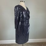 Betsy and Adam Metallic Long Sleeve Sheath Cocktail Dress Size 18W Blue V-Neck Photo 1
