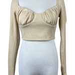 Princess Polly  Crop‎ Top 6 Beige Ribbed Knit Sweetheart Ruched Long Sleeve Photo 0