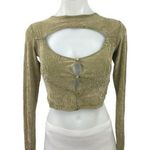 Urban Outfitters  MOTEL Green Abstract Long Sleeve Cut Out Crop Blouse Top Size S Photo 0