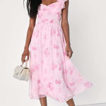 Lulus NWT  Loveliest Darling Light Pink Floral Ruffled Tie-Back Midi Dress Sz L Photo 0