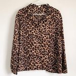 Leopard Animal Print Silky Button Up Top Medium Brown Photo 0