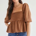 francesca's Miami Payton Faux Suede Pleated Blouse Brown Sz L Size L Photo 0