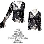 American Vintage Y2K VTG. 100% SILK BLACK DARK FAIRY GOTH SHEER BABY DOLL BLOUSE MEDIUM EUC. Photo 1