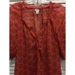 Old Navy Blouse Size XS Orange/Purple Floral Tie/Smocked Neck 1/2 Puff Sl Sheer Photo 1