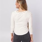 Free People Ice Cold Ribbed Top White Large 3/4 Sleeve Lace Up V Neck Boho Photo 1