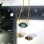 Unique Blue Glass Evil Eye Pendant Necklace Earrings Set Gold Plated Steel Photo 5