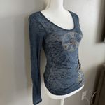 V Christina Y2K Burnout Long Sleeve Top Sz S Rhinestone Peace Sign Graphic Tee Blue Photo 2
