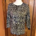 Vintage Safari Knit Top | Zebra Leopard Animal Print Long Sleeve Tan Size M Photo 2