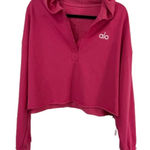 Alo Yoga  V Neck Cropped Hooded Pull Over Top Hot Pink French Terry Sz XL NWT Photo 0
