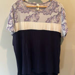 Honeyme  Medium Purple Colorblock Damask Print Short Sleeve Top Photo 0