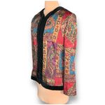 Vintage Paisley Tapestry Collarless Blazer Jacket Velvet Trim Boho Eclectic 12 Black Photo 2