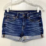 American Eagle  Blue Dark Wash Denim Mid Rise 3" Summer Classic Midi Shorts 4 Photo 0
