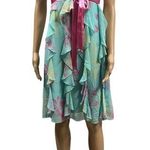 BCBGMAXAZRIA  Silk Y2K Teal Print Pink Bow Ruffled Zip Side Spag Strap Dress 10 Photo 0