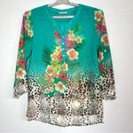 Soft Surroundings  Blouse L Teal Green Sheer Leopard Floral Flowers Pullover Top Photo 0
