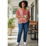 kim rogers  Women Sheer Peasant Top Blouse Plus Size 2X Orange Multicolor Print Photo 10